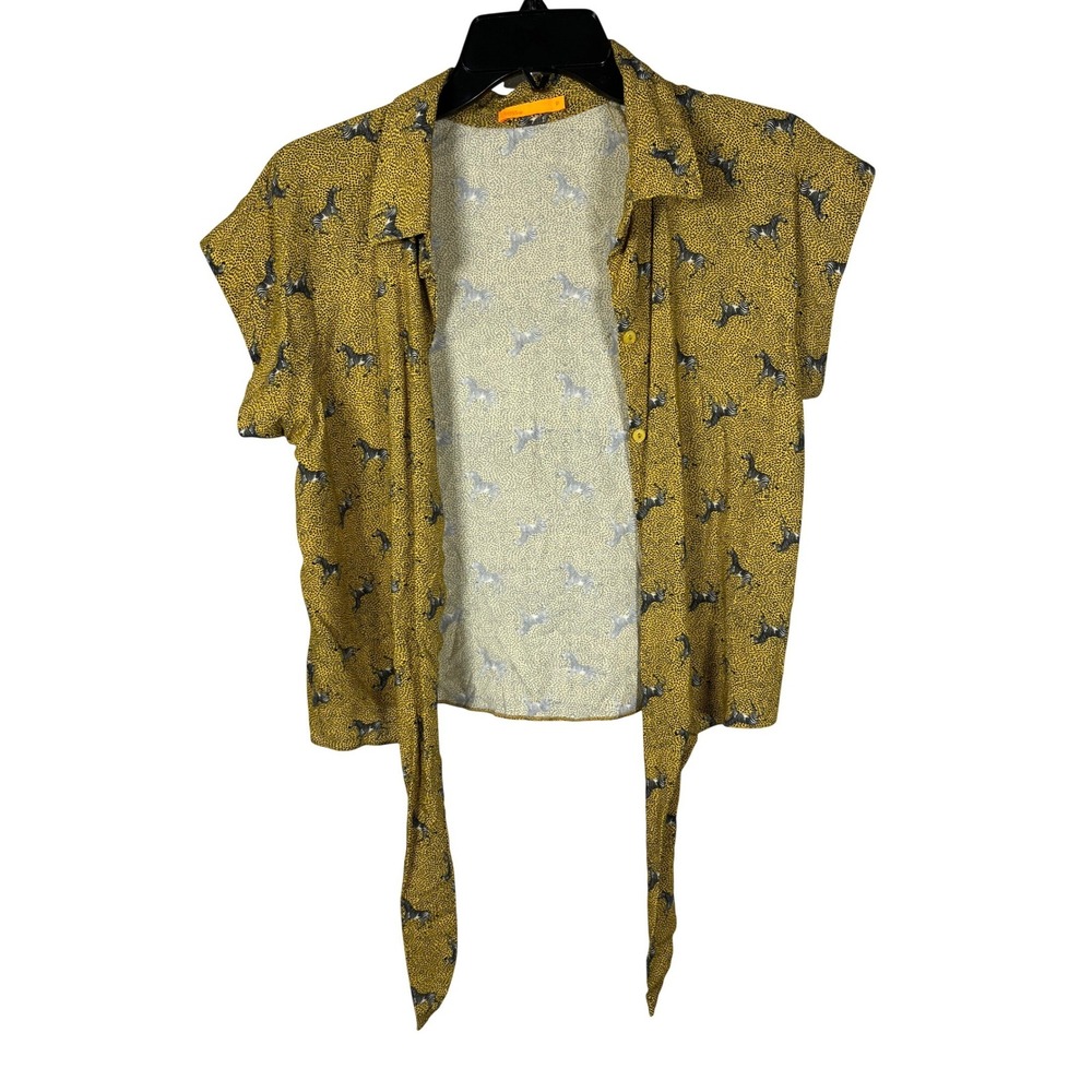 Dress To Zebra Print Tie Front‎ Top Mustard Yellow Short Sleeve Blouse Size P